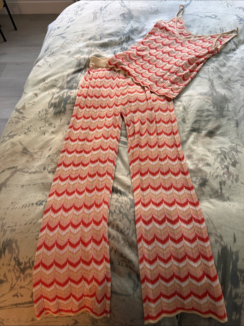 Printed Knit Wide-Leg Pants - Pink & Cream